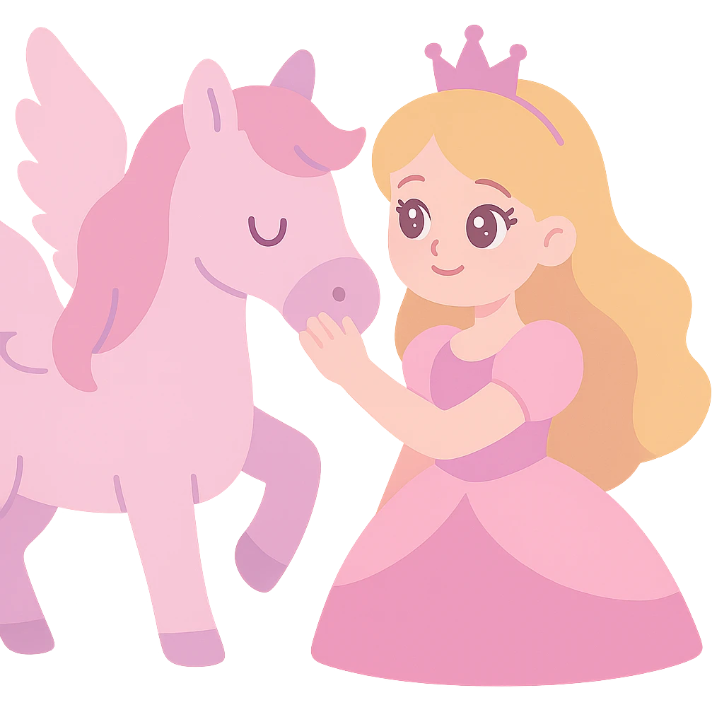 Barbie flying horse princess, Barbie princess stroking flying horse, warm scene, pink and purple tones, dreamy fairy tale style emoji