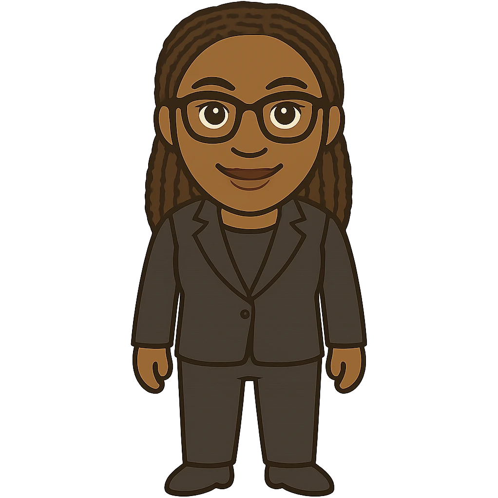 Add a business suit to Kemi Badenoch, full body, standing, in a cartoon style with transparent background. emoji