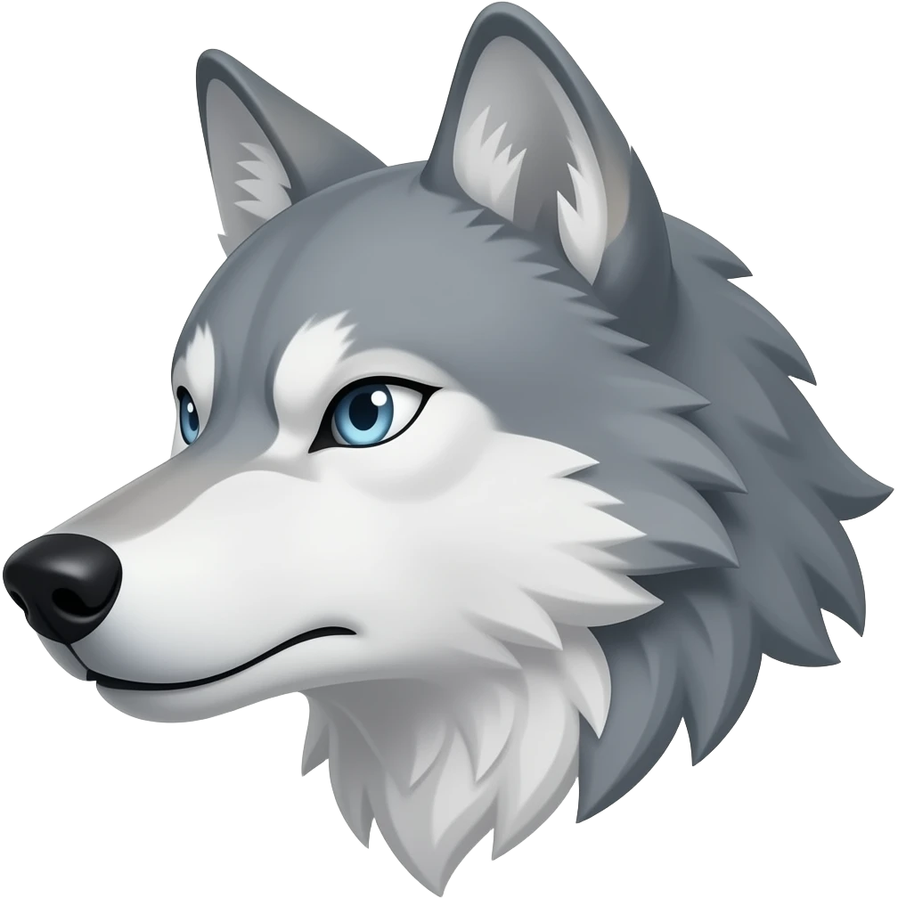 angry face light gray wolf head little bit anime eyes realistic Turn sideways light blue gray eyes emoji