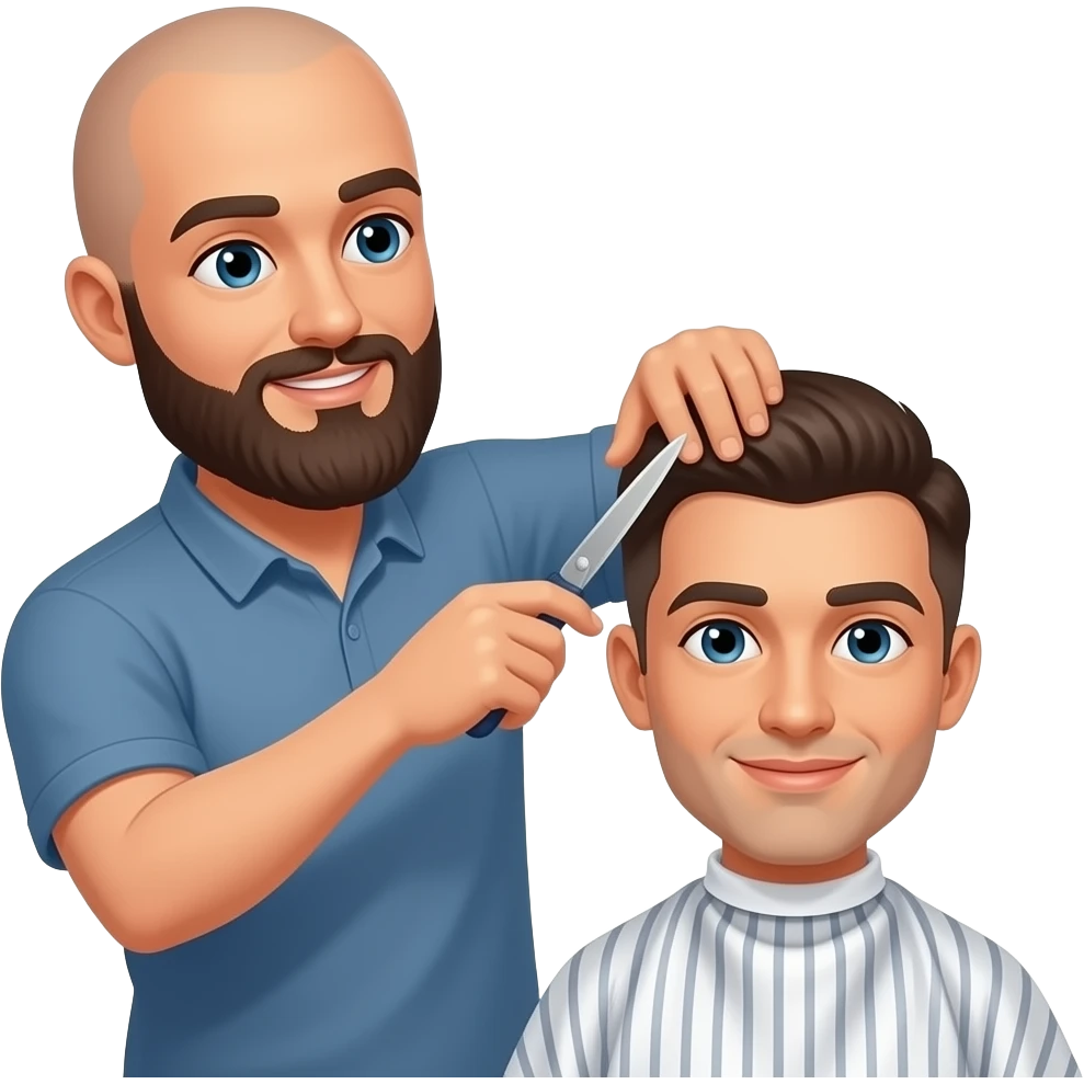 A bald man with a dark brown beard cutting someone’s hair at a barber shop emoji