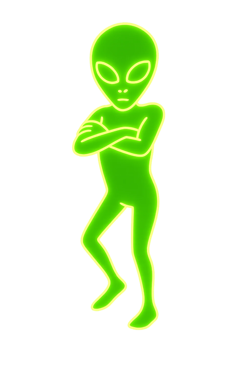 Edit the alien dancing neon green image to have crossed arms and a slightly changed pose for animation frame 4. Keep it almost identical to the reference with a transparent background. emoji