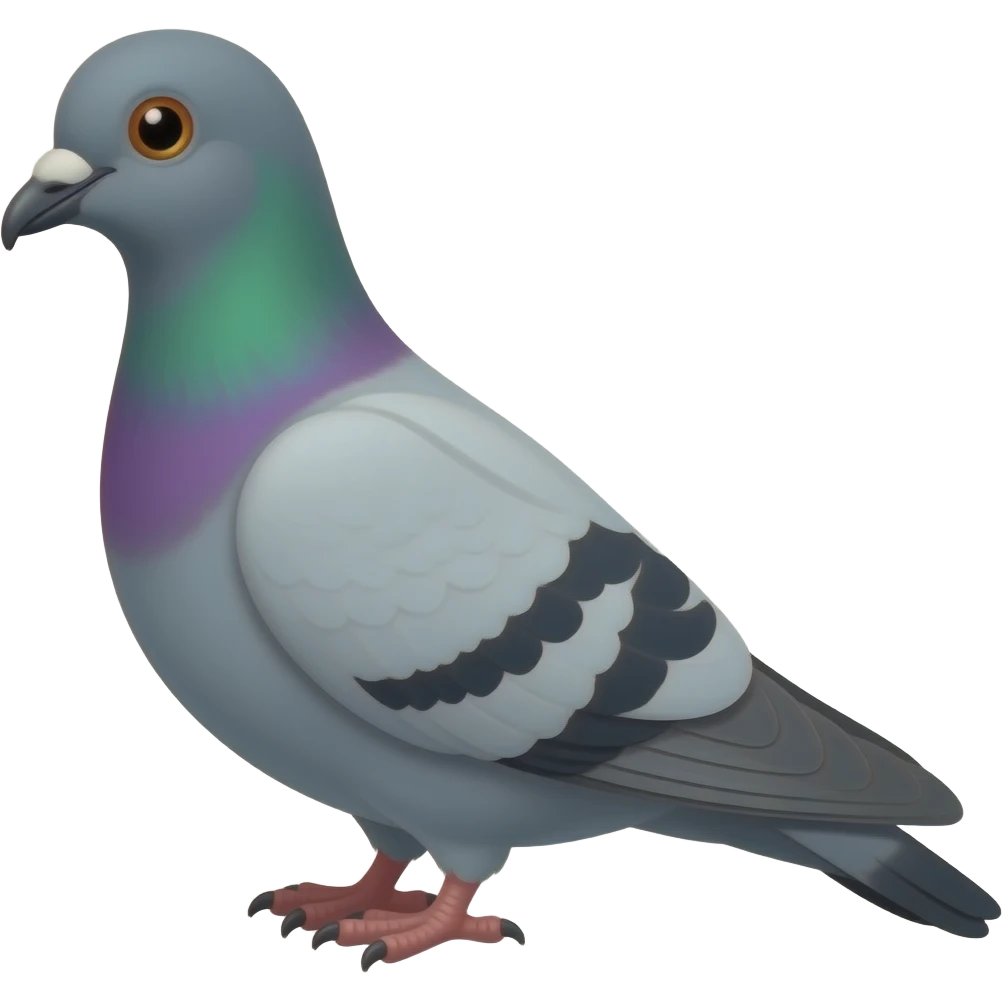 A pigeon with gray feathers and two dark gray stripes on eatch of his wings, a dark gray and yellow beak, and a purple and green chest. emoji