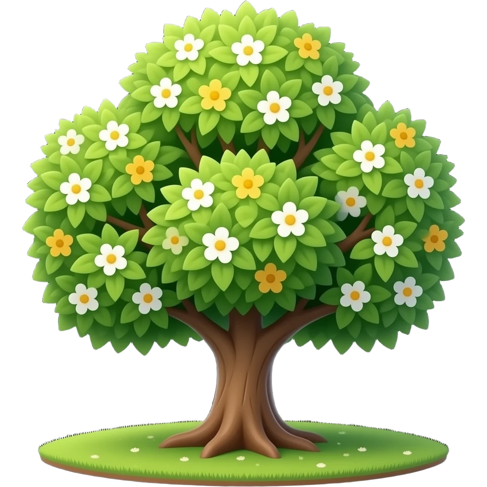 Apple-style blooming tree, round soft green canopy. No pot, no ground — only the tree. Small white and yellow flowers inside the leaves. Flat 2D vector, clean shapes, no gradients. Dark near-black background, premium fintech icon. emoji