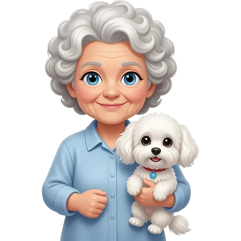 Elderly woman blue eyes very curly hair with maltese dog emoji
