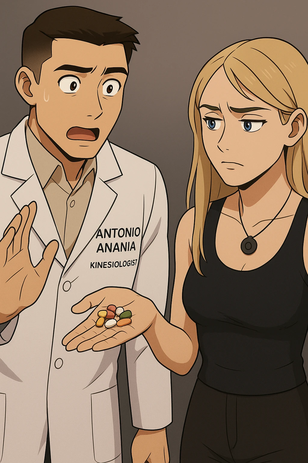 fai un webtoon/manga a colori con questo kinesiologo in camice bianco (fagli la scritta "ANTONIO ANANIA" SUL CAMICE) CHE PARLA CON QUESTA RAGAZZA CON GLI OCCHI AZZURRI. LA RAGAZZA HA UN PUGNO DI INTEGRATORI IN MANO (TANTE PILLOLE DIVERSE) E LE GUARDA DUBBIOSA. IL KINESIOLOGO CON IL CAMICE BIANCO LE DOMANDA UNA COSA SCIOCCATO. NON FARE I FUMETTI, FAI SOLO LORO COME SE DIALOGASSERO emoji