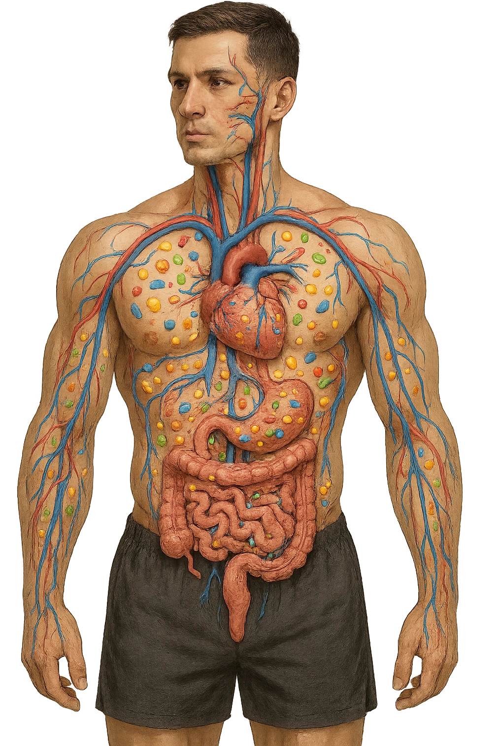immagine realistica prendendo spunto da questa dei Nutrienti , vitamine, carboidrati ecc.. veicolati nel corpo senza scritte emoji