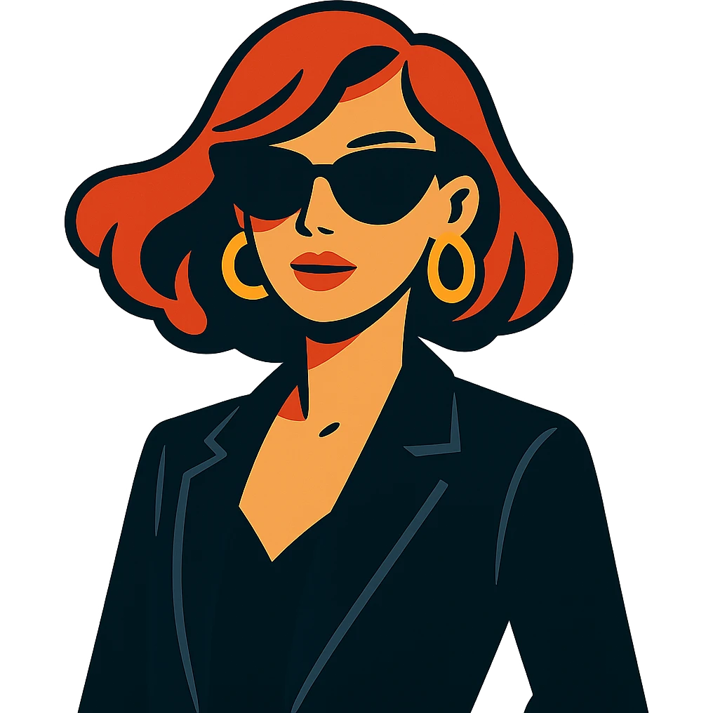 a chic lady in black sunglasses, modern and fashionable, minimal background, vibrant toon style emoji