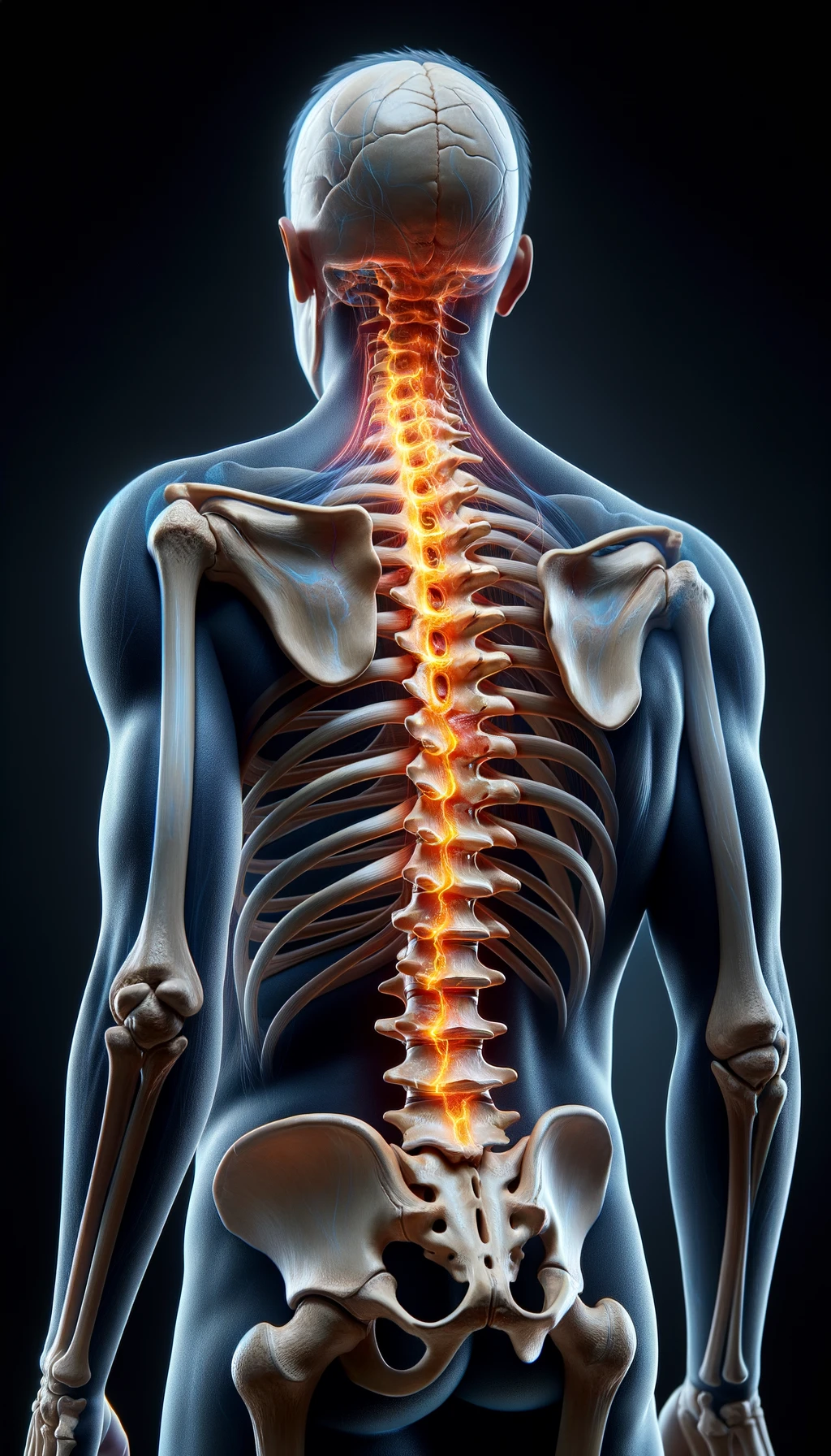 corpo umano anatomico di spalle e fisico storto, spina dorsale in evidenza, dolore alla schiena su un lato, iperrealistico 4k emoji