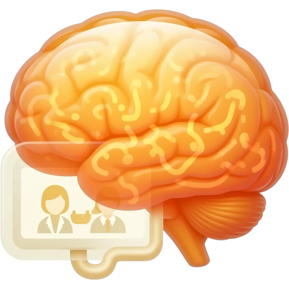 Icon showing a transparent medical tablet display connected to a glowing brain symbol. Overlaid on the display, simplified, professional doctor and patient icons are shown collaborating. Concept of AI in diagnostics supervised by doctors, vibrant amber and orange tones, clean background. emoji