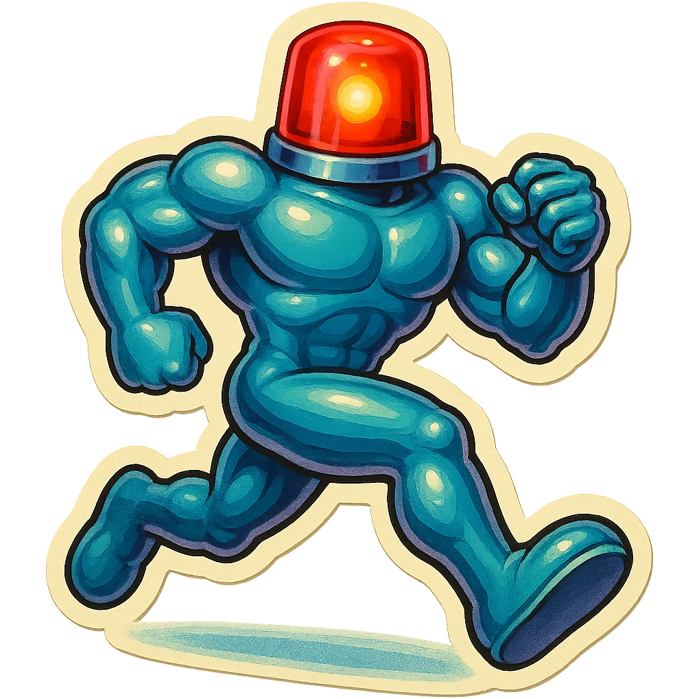 shiny muscular robot with a red police light head, running forward emoji