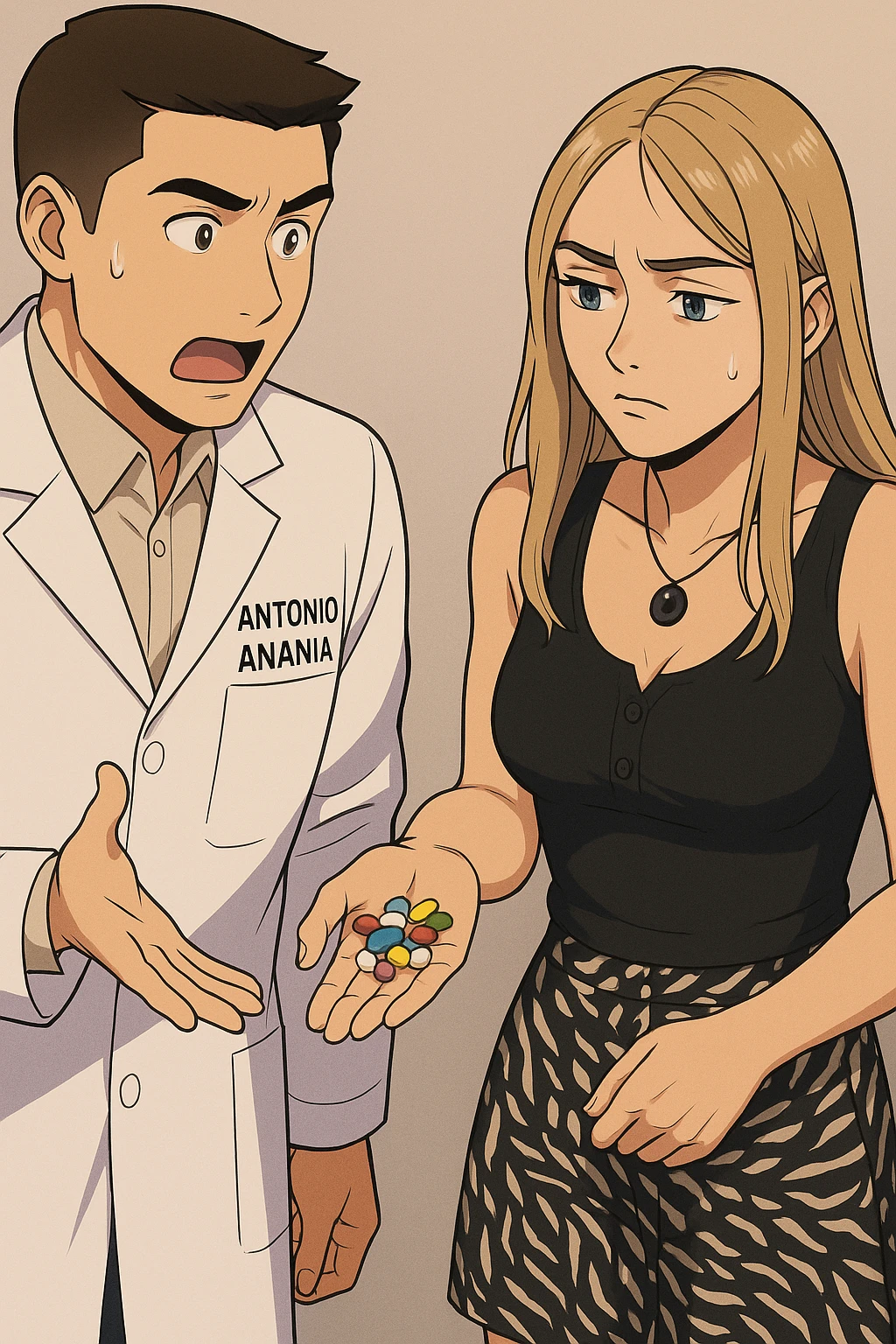 fai un webtoon/manga a colori con questo kinesiologo in camice bianco (fagli la scritta "ANTONIO ANANIA" SUL CAMICE) CHE PARLA CON QUESTA RAGAZZA. LA RAGAZZA HA UN PUGNO DI INTEGRATORI IN MANO (TANTE PILLOLE DIVERSE) E LE GUARDA DUBBIOSA. IL KINESIOLOGO CON IL CAMICE BIANCO LE DOMANDA UNA COSA SCIOCCATO. NON FARE I FUMETTI, FAI SOLO LORO COME SE DIALOGASSERO emoji