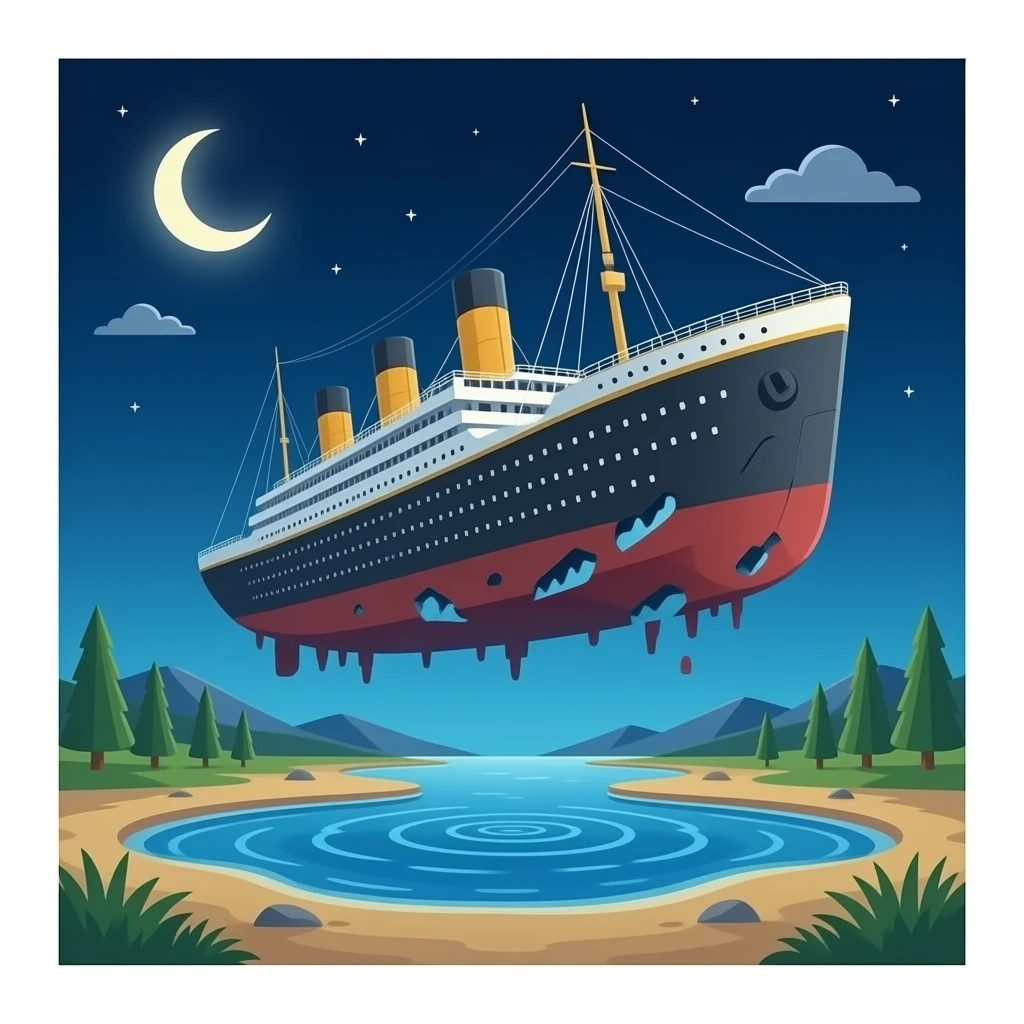 The sunken ship Titanic floats in the night sky above a shallow pool of water emoji