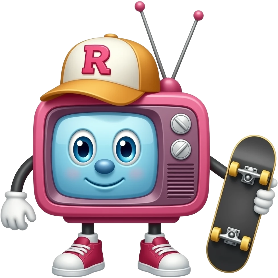 A pink tv with a hat that has an r on it with antennas coming out where it is holding a skateboard emoji