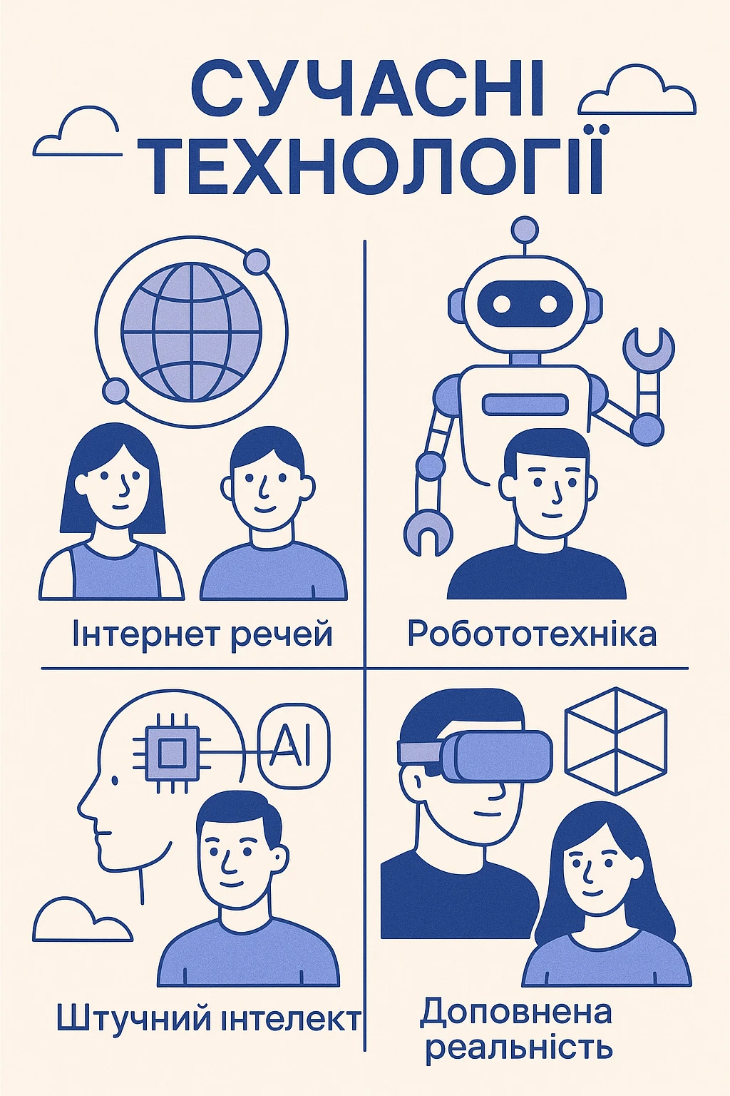 Футуристична мінімалістична інфографіка про сучасні технології з текстом українською, геометричні елементи, холодні кольори, чистий і сучасний вигляд emoji