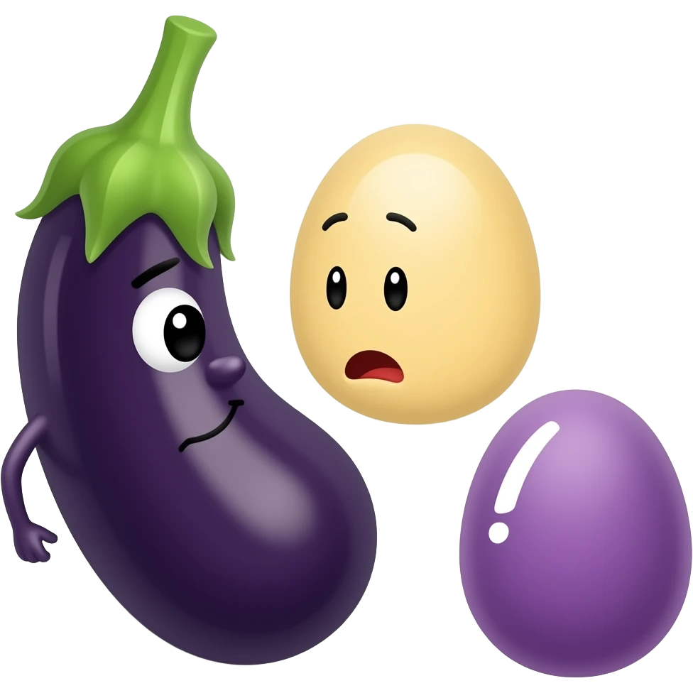 Yellow emoji face looking at 1 big eggplant and 1 small eggplant emoji