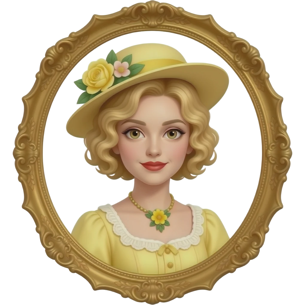 Victorian look with blonde short tight curls bob hair, light brown eyes side swept in a light yellow Victorian dress, antique yellow flowers necklace and light yellow Victorian hat with flowers, red lipstick and antique gold frame emoji