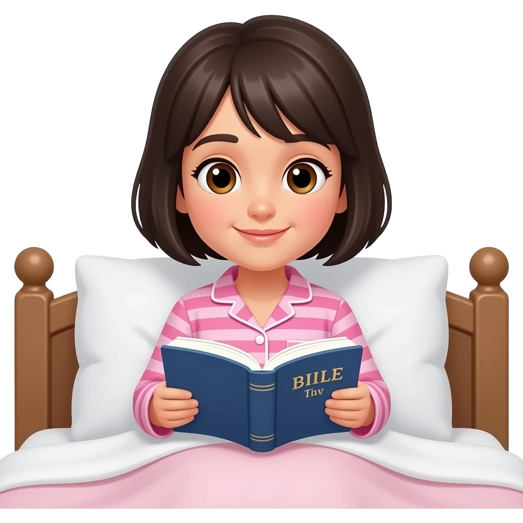 chica de cabello oscuro y corto sin accesorios, con ojos color cafe, con una pijama color rosa con rayas, leyendo la biblia en su cama emoji