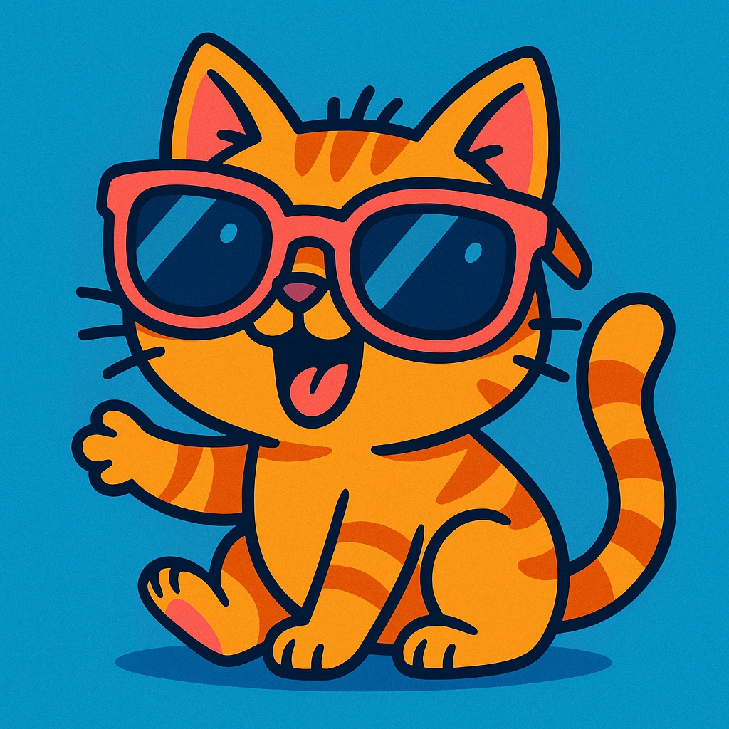 a playful cat with big sunglasses, cartoon style, vibrant toon style emoji