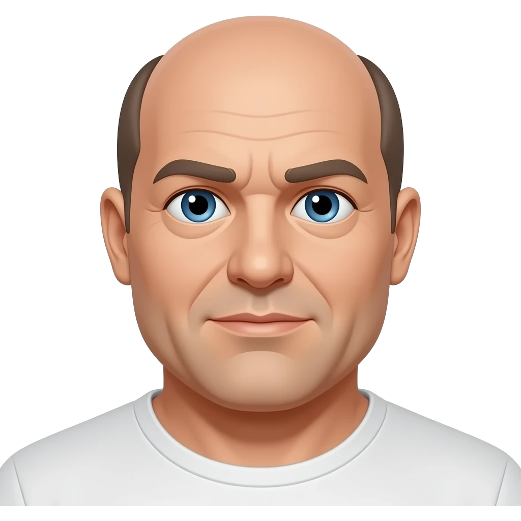 man in 50s bald on top, hair on sides, no facial hair, blue eyes, fat emoji