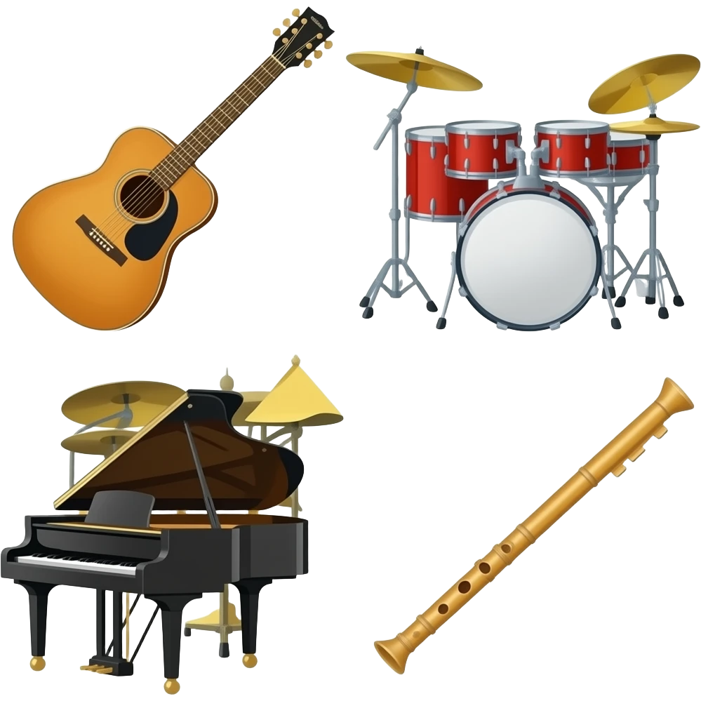 instruments like a guitar, drum, piano and flute emoji