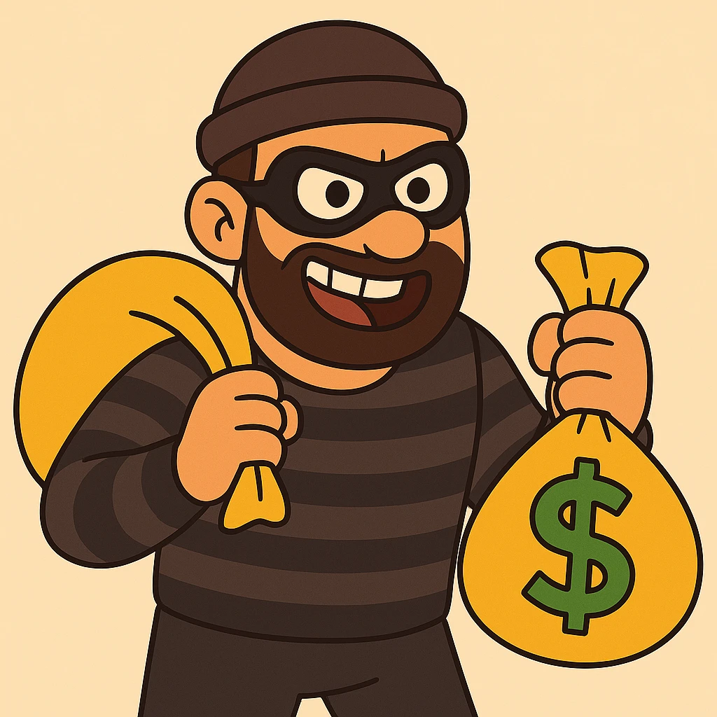 Add a bag of money to the cartoon robber character, keeping the same flat toon style and vibrant colors, with clear details and shading consistent with the original style. emoji
