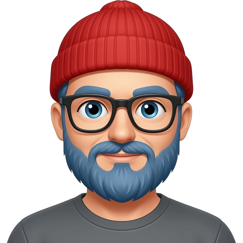 blue haired bearded man, spectacled and red beanie emoji