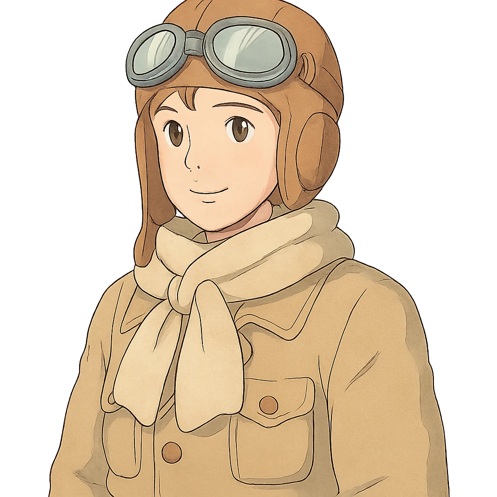 ghibli style pilot with soft colors and gentle expression emoji
