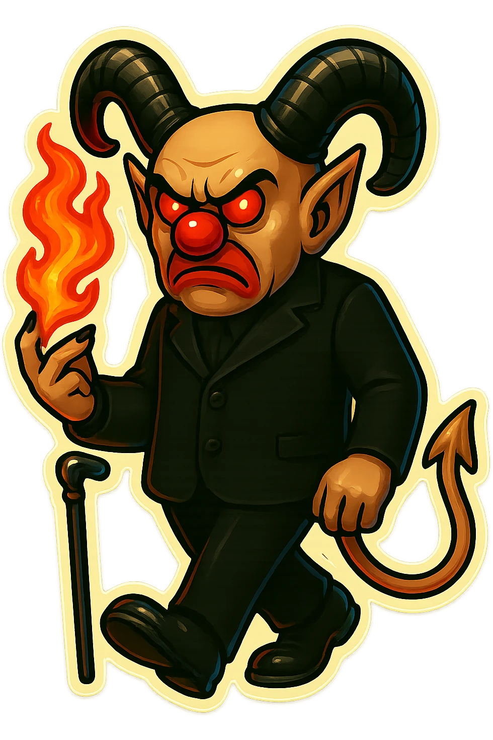 Render an evil clown wizard in retro sticker style, transparent background, walking with a cane, wearing an all black suit, no pentagrams. Use the reference images for face, horns, and tail. emoji