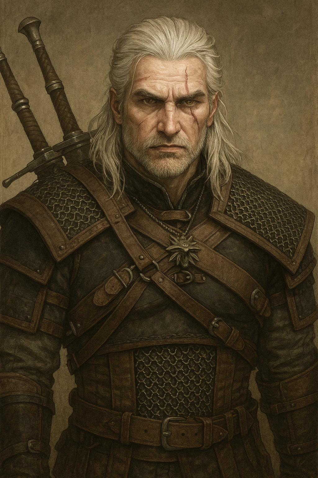 Geralt of Rivia, white hair, scarred face, fantasy armor, stoic expression, detailed illustration style emoji