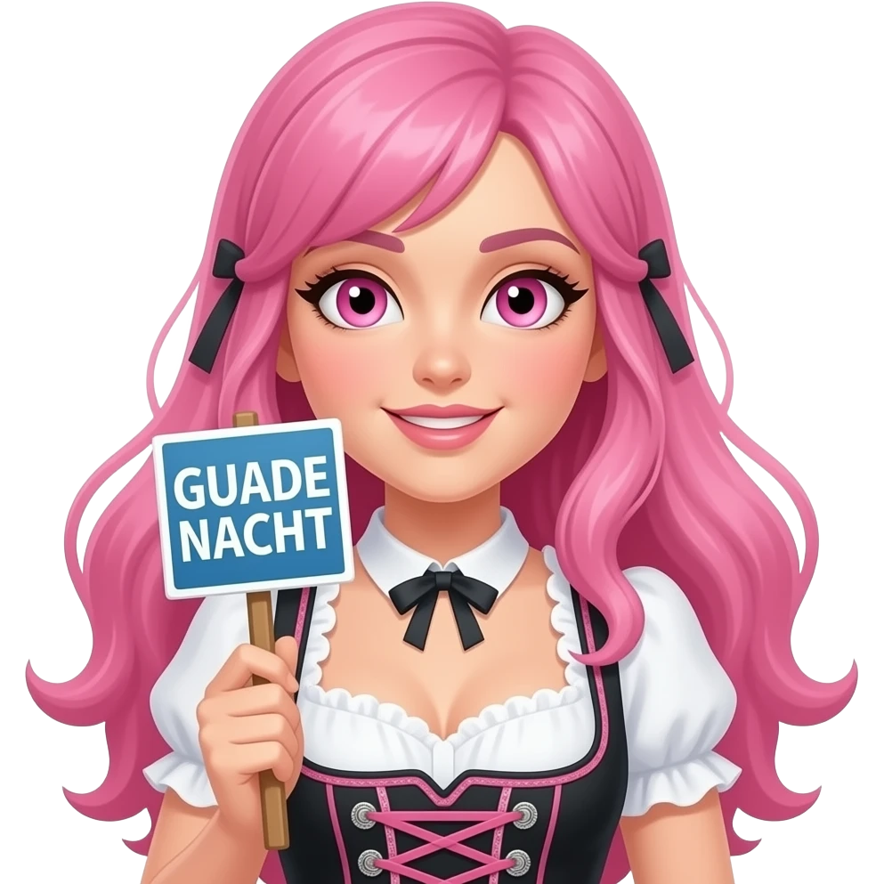 sexy girl with long pink hair and pink eyes wearing a dirndl holding a GUADE NACHT sign emoji