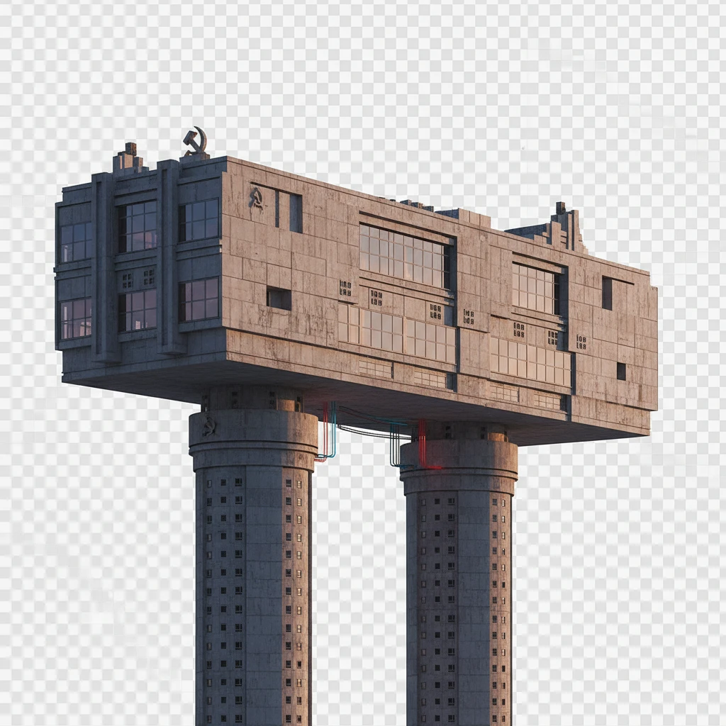 Удлиненная панелька-небоскреб в стиле Москва-Сити, если бы ее строили в позднем СССР в 2025 году. Стоит на двух высоких небоскребах, которые как опоры держат ее на себе.

Фотореализм. Абсолютно прозрачный фон emoji