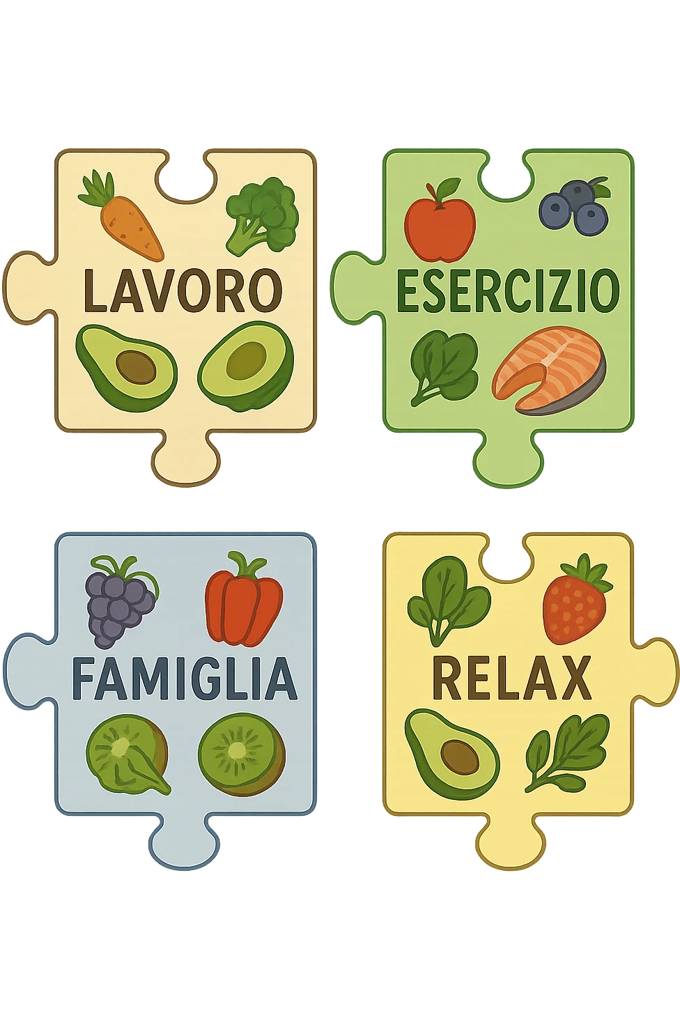 Puzzle (Lavoro, Esercizio, Famiglia, Relax), and healthy foods are integrated into each piece. in italiano emoji