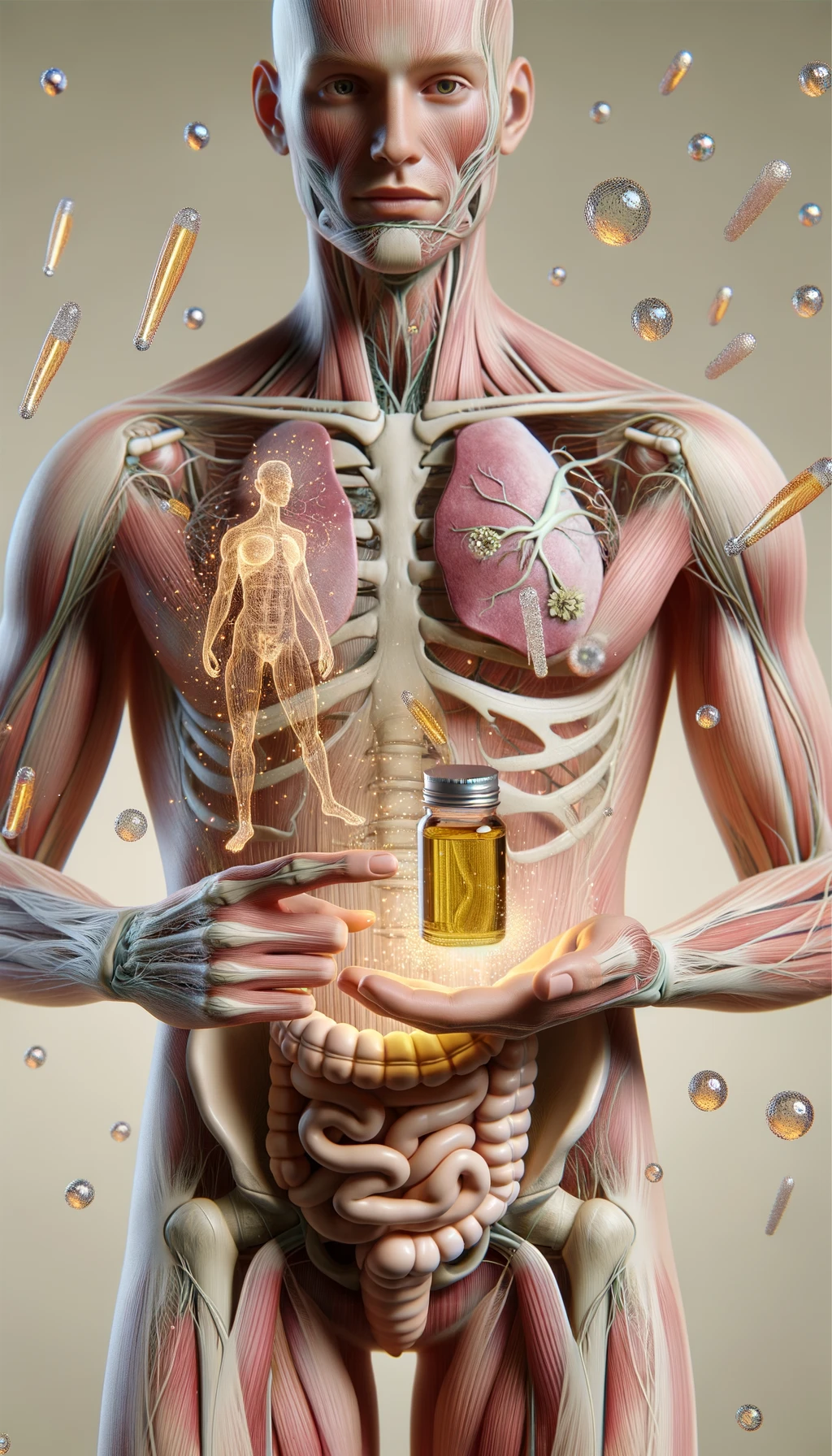 corpo umano anatomico tiene in mano l'olio di enotera, intorno a lui fluttuano particelle di ormoni umani, sfondo neutro chiaro, iperrealistico 4k emoji
