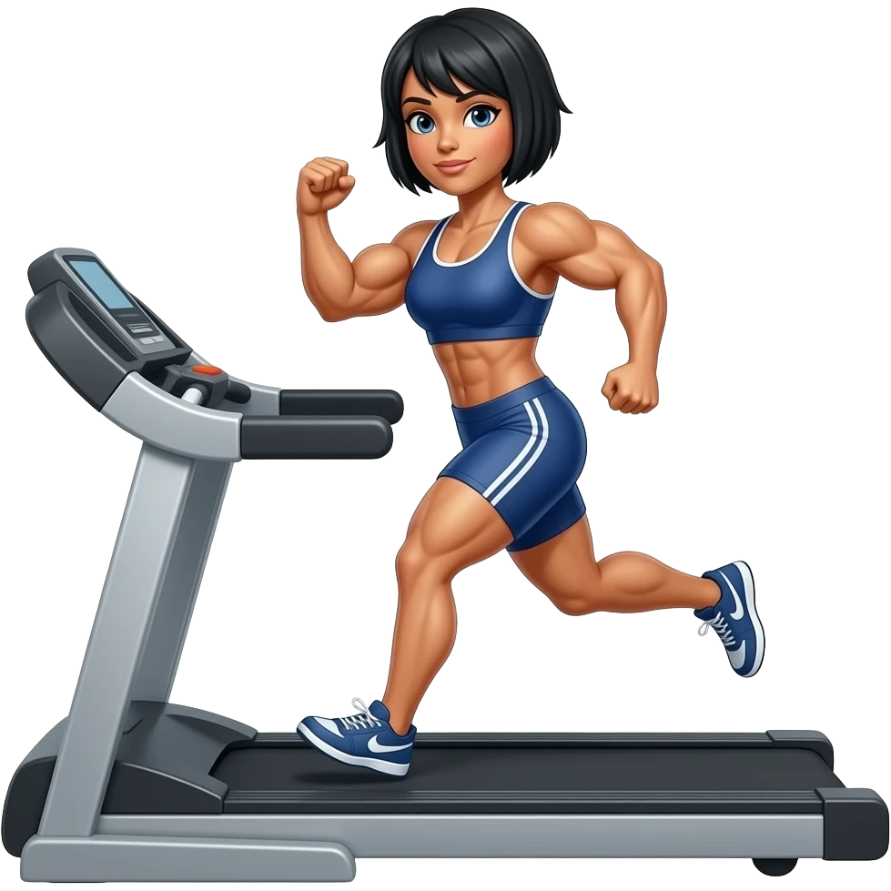 hyrox atlethe on a treadmill, female black short haircut, muscular running on a treadmill while flexing, emoji