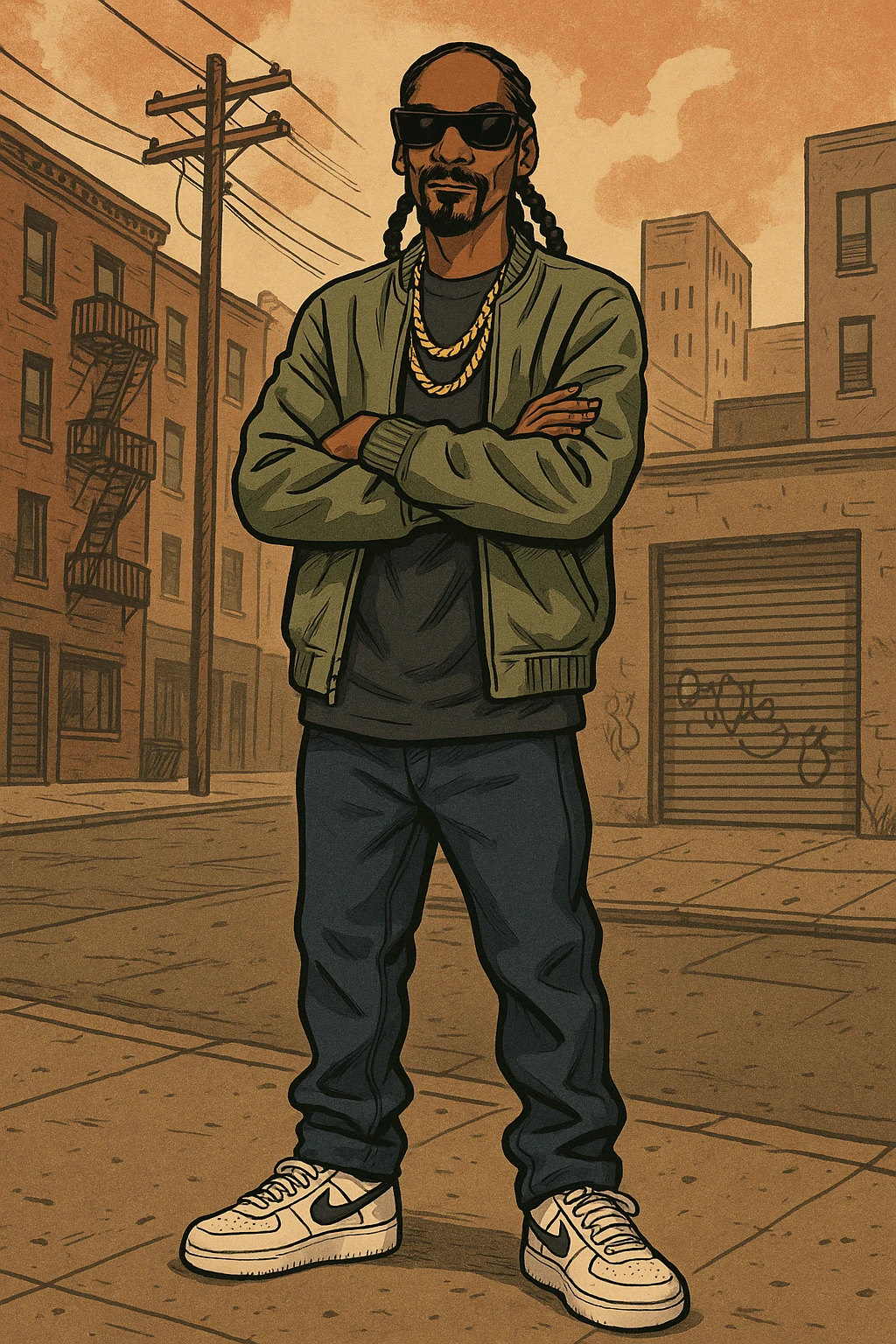 Snoop Dogg standing full body, hip hop style, sunglasses, casual outfit emoji