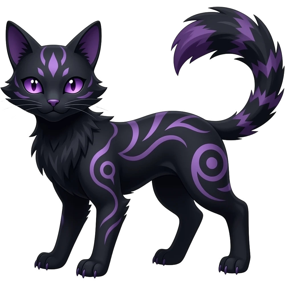 Realistic dark black purplish blackish edgy fantasy ethereal feline-vernid-sergal-monster-furret-Lycanroc-umbreon-fursona-animal-creature, full body with intricate markings emoji