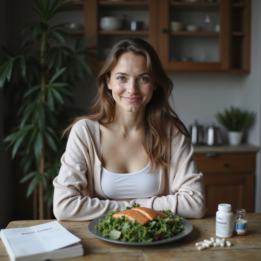 young woman with PCOS, mild acne, chin hair, thin hair, slight abdominal overweight, sitting at a table with a healthy plate of salad and salmon, diary with text 'meno zuccheri', supplements and Metformin on the table, serene expression, home environment, vertical 9:16, hyperrealism 4K emoji