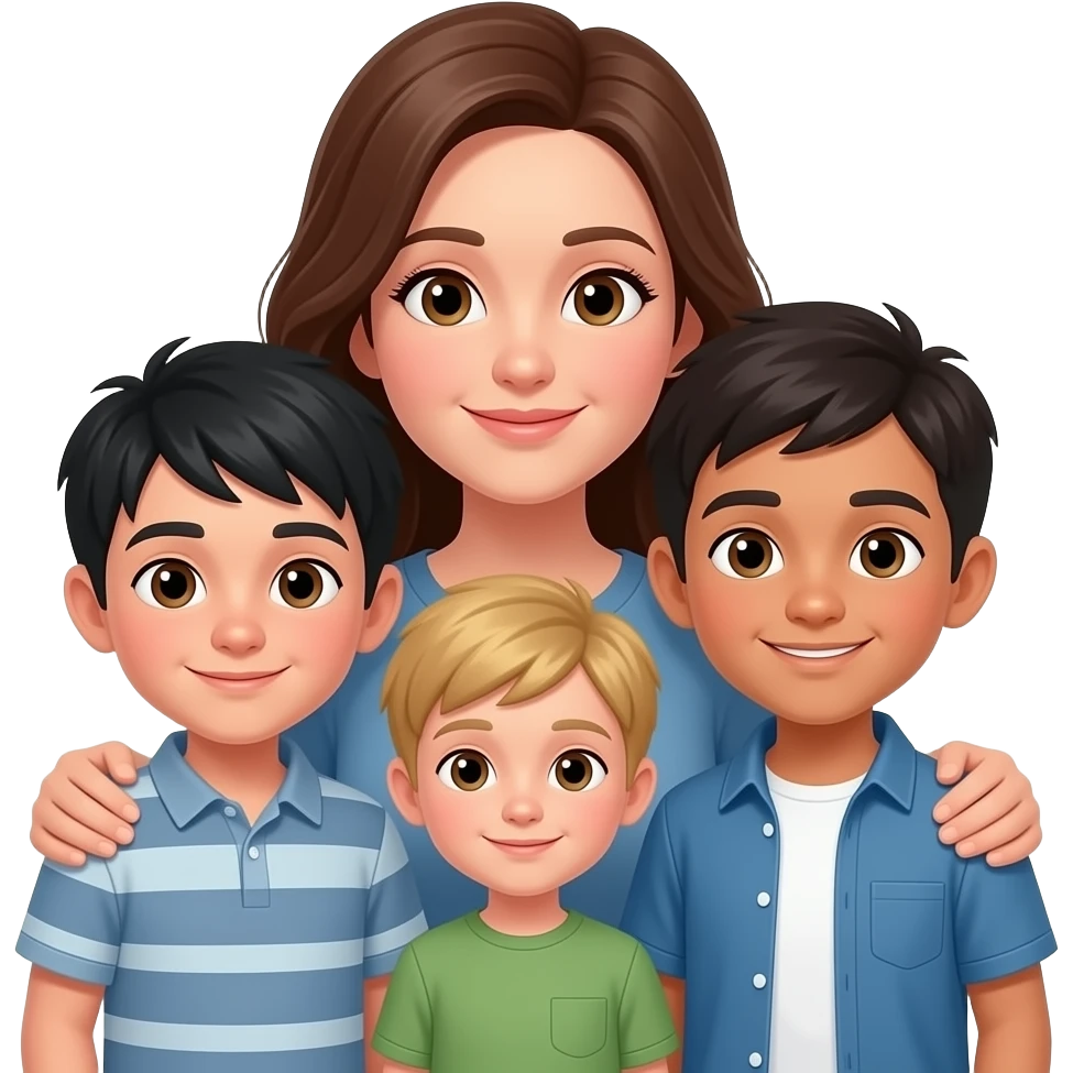 Mum with brown hair  hugging 3 sons 2 with black hair one taller than other and 1 with blonde hair smaller then rest emoji