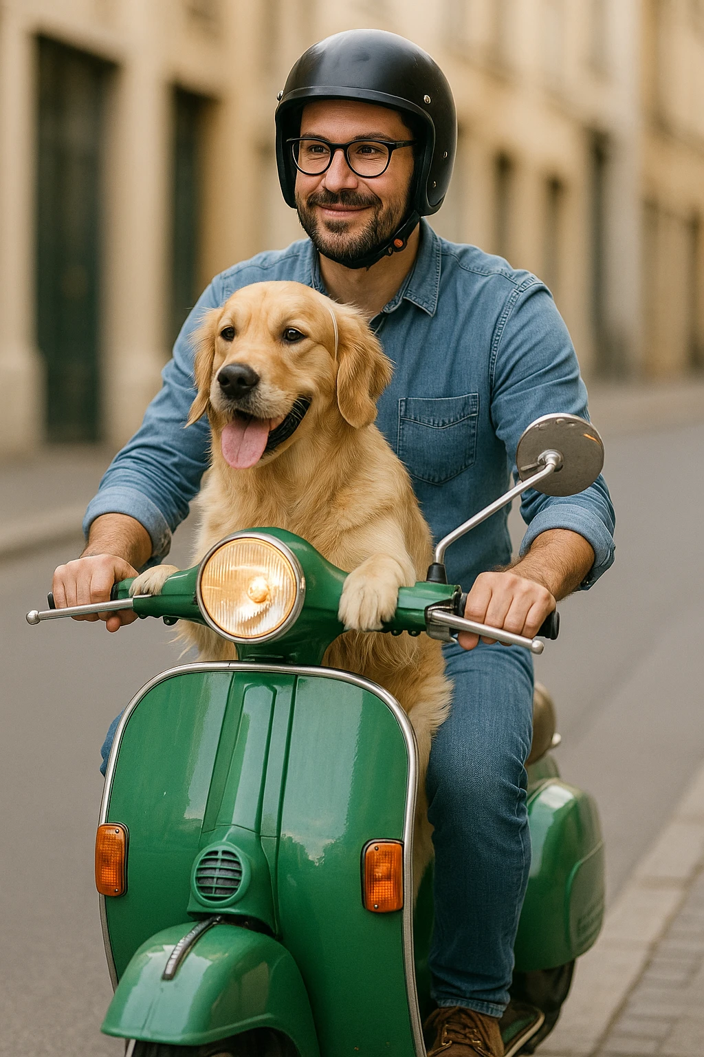 man and his pet dog riding a vespa emoji