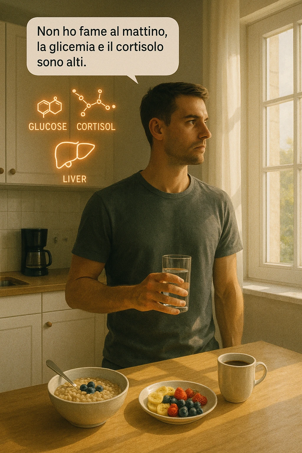 A realistic, cinematic illustration of a man in his early 30s with a lean, healthy build, standing calmly in a bright, minimal kitchen in the early morning. On the kitchen table, there is a prepared but untouched healthy breakfast (oatmeal, fruit, coffee). The man, with a neutral and focused expression, holds a glass of water while looking out of the window where morning sunlight enters. Above him, subtle glowing medical icons display: a glucose molecule, a cortisol hormone symbol, and a liver icon, indicating high morning blood sugar and cortisol levels. A small speech bubble or text overlay says: ‘Non ho fame al mattino, la glicemia e il cortisolo sono alti.’ The scene conveys a sense of calm, clarity, and body awareness, showing that the man consciously avoids breakfast due to physiological signals rather than restrizione. The style is realistic, warm, with a slight film grain, emphasizing health and conscious self-regulation. emoji