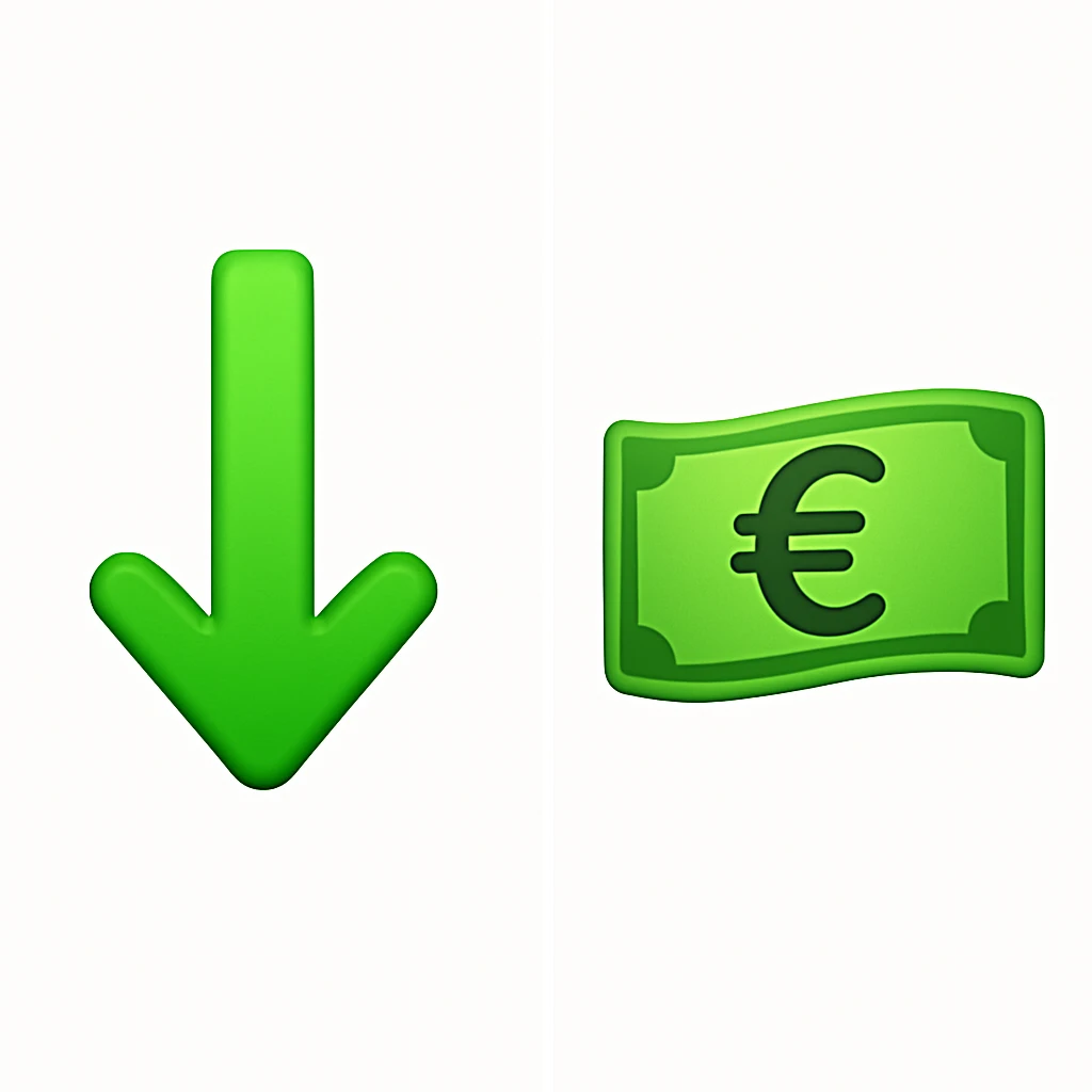 Create two separate images side by side. On the left, a single green downward arrow with one arrowhead and clear space around it. On the right, a single green banknote featuring a Euro sign. Both images should be simple, clean, and in classic Apple-style emoji style, matching the reference drawing's clarity and separation. emoji