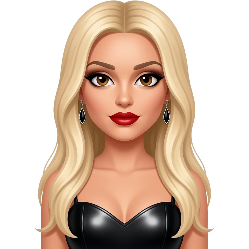 Ashley Roberts from The Pussycat Dolls with brown eyes, long blonde straight hair, black eyeshadow, red lipstick, black metallic sweetheart dress, earrings emoji