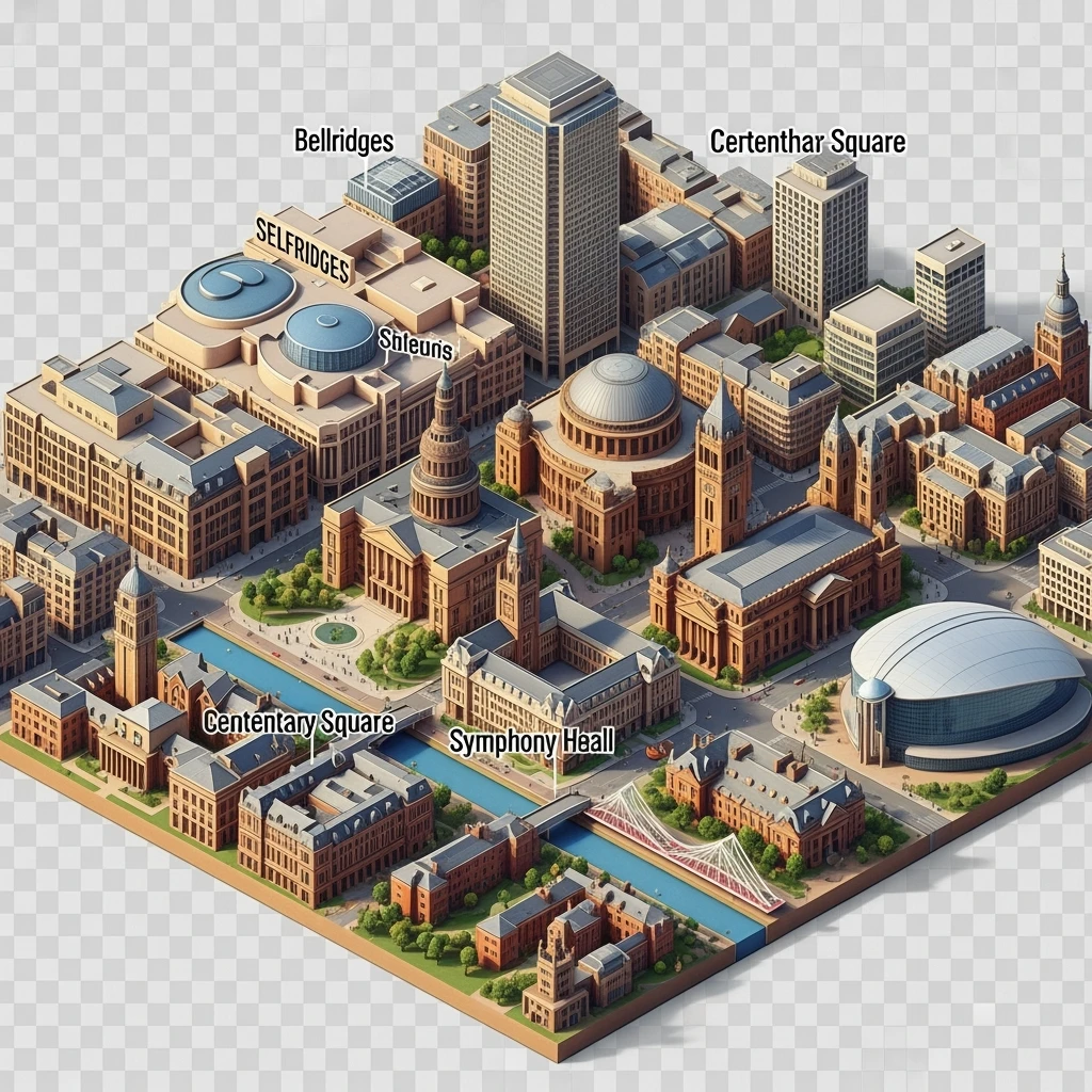 Isometric illustration-model of Birmingham with photorealistic main attractions, balanced between stylized and realistic, 3D miniature effect, transparent background. emoji