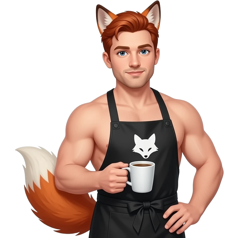 In full-grown man with short haircuts and red hair is standing with a cup of coffee in his hands. He has reddish leaves ears and fox tail.  He is without clothes, wearing a black barista’s apron with the pattern of a white fox (embroidery) emoji