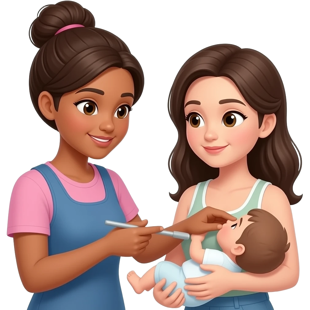 mujer con el pelo recogido y vestida con un  ambo ayudando a otra mujer a amamantar emoji