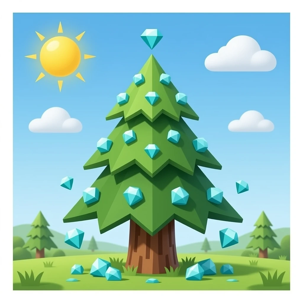 pine tree full of Minecraft diamonds with diamond blocks falling from the sky emoji