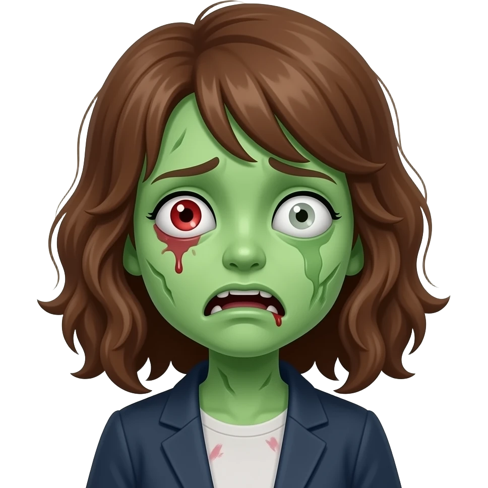 Uma menina zumbi de pele verde, cabelo marrom ondulado, olho vermelho, triste, aterrorizada emoji