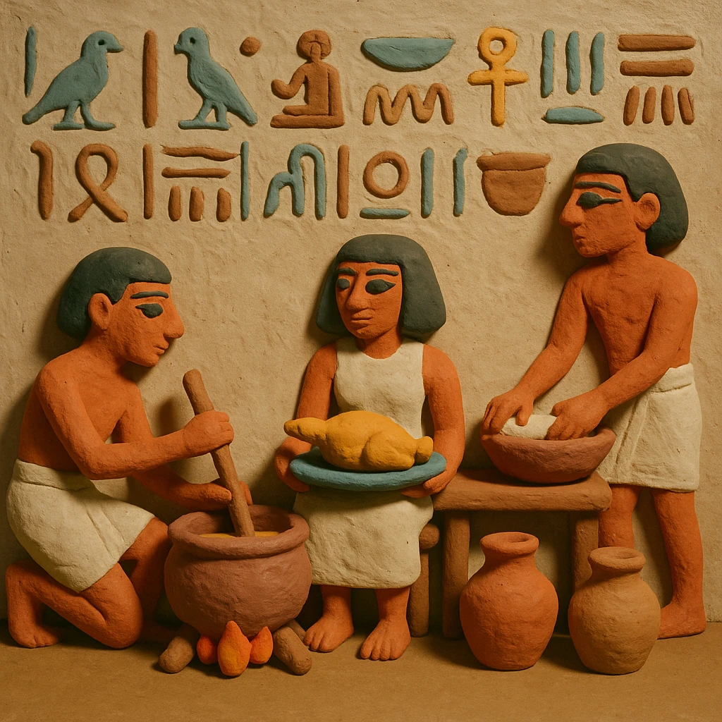 ancient Egyptian cooking scene in hieroglyphic style emoji