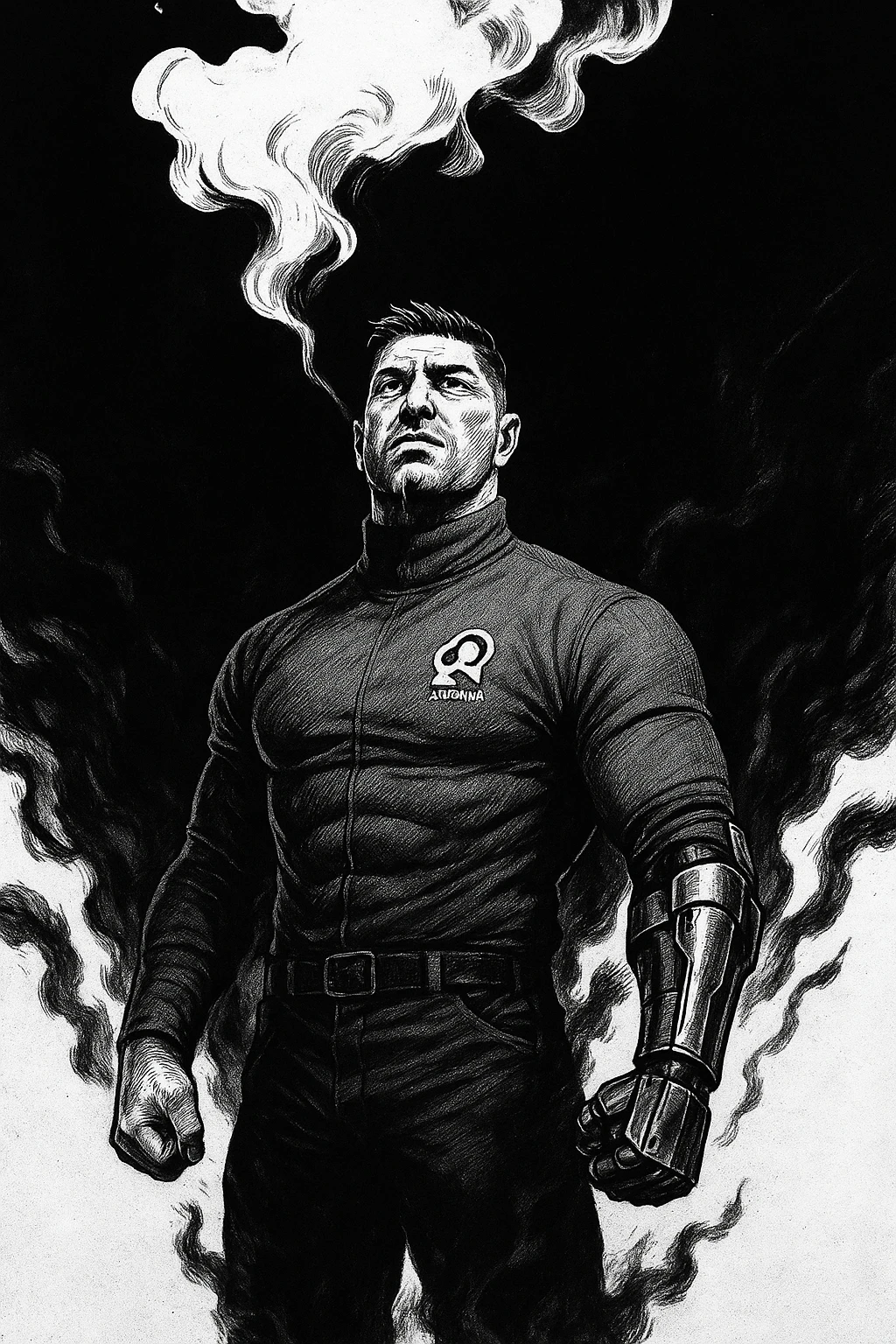 Black and white comic book panel of an extremely muscular Italian man with cybernetic implants standing in the dark, surrounded by smoke. He is wearing a long-sleeved shirt with a high collar, and his chest is sculpted. emoji