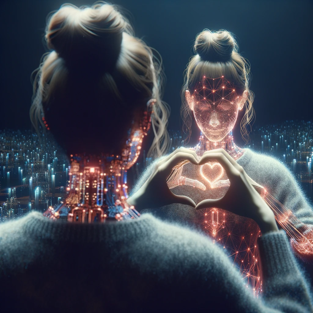 DONNA DI SPALLE CHE SI GUARDA ALLO SPECCHIO CREANDO UN CUORE CON LE MANI, iperrealistico 4k emoji